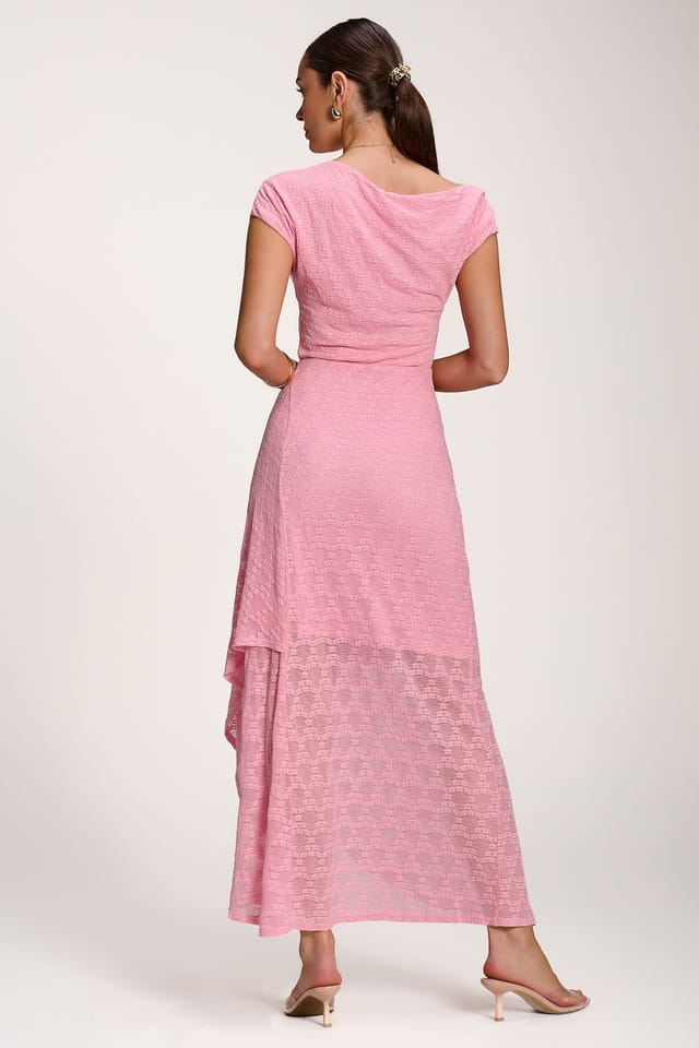 Jolie Moi Jolie Moi Women's Asymmetric Draped Lace Maxi Dress in Pink - 2