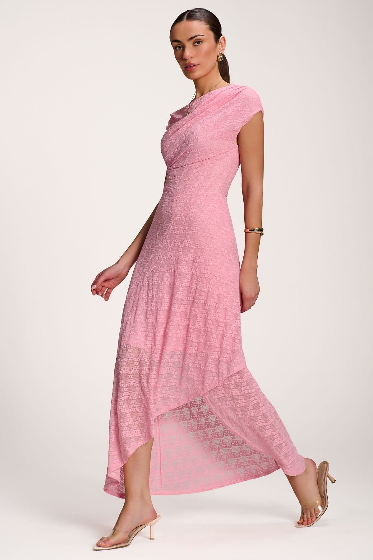 Jolie Moi Jolie Moi Women's Asymmetric Draped Lace Maxi Dress in Pink - 4