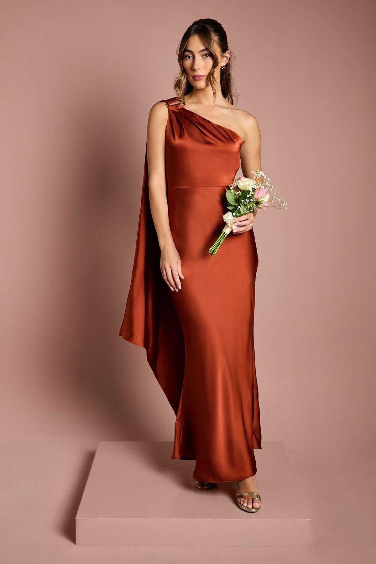 Coast Coast Women's One Shoulder Satin Maxi Bridesmaid Dress With Gold Trim in Copper
