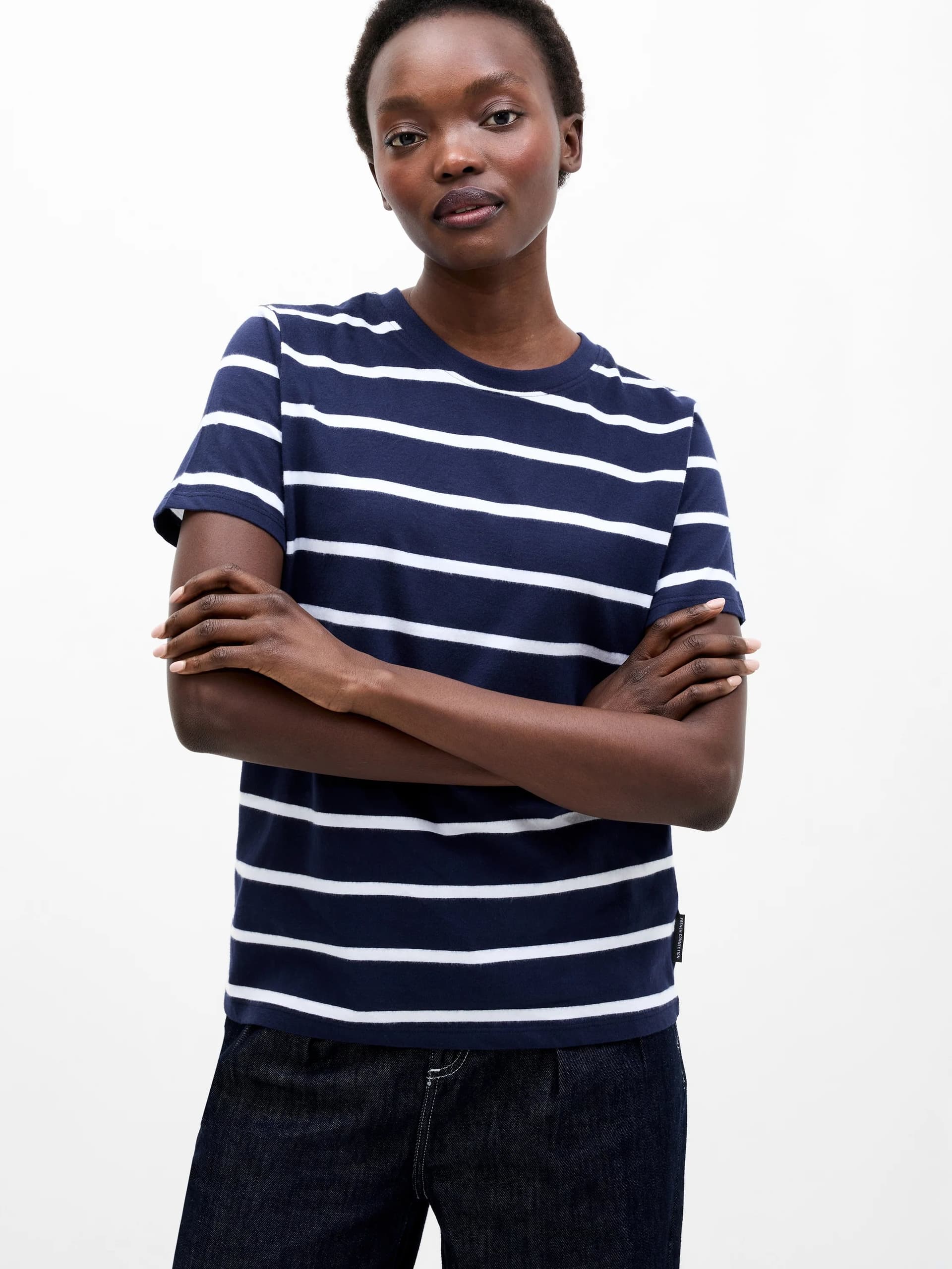French Connection Monochrome Striped Peached T-Shirt Midnight/Winter White