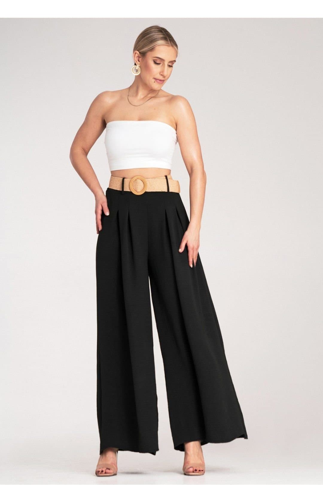 Love Lace Love Lace Women's High Waist Wide Trousers with Woven Belt Style 214840 in Black