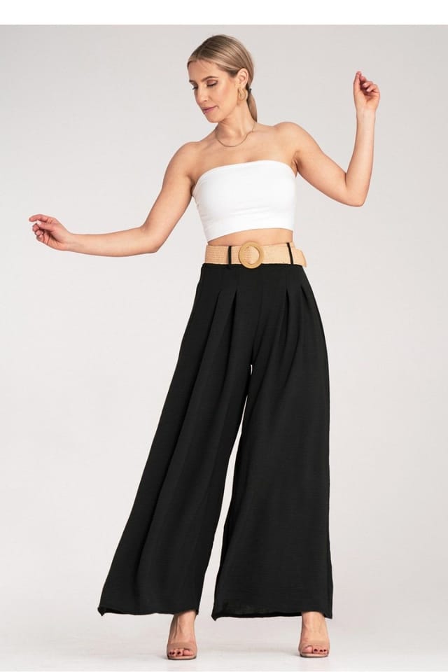 Love Lace Love Lace Women's High Waist Wide Trousers with Woven Belt Style 214840 in Black - 2