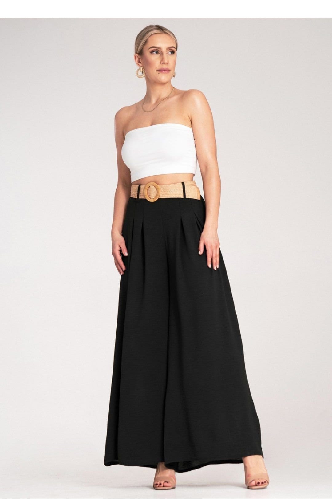 Love Lace Love Lace Women's High Waist Wide Trousers with Woven Belt Style 214840 in Black - 4