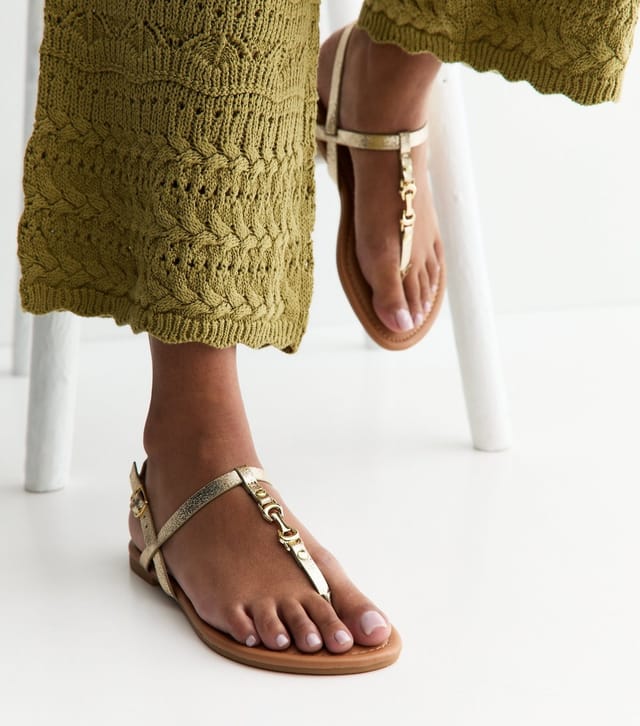 New Look Women's Gold Faux Leather Metal Toe Post Sandals Vegan New Look - 2