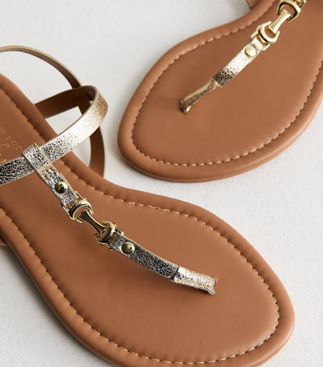 New Look Women's Gold Faux Leather Metal Toe Post Sandals Vegan New Look - 3