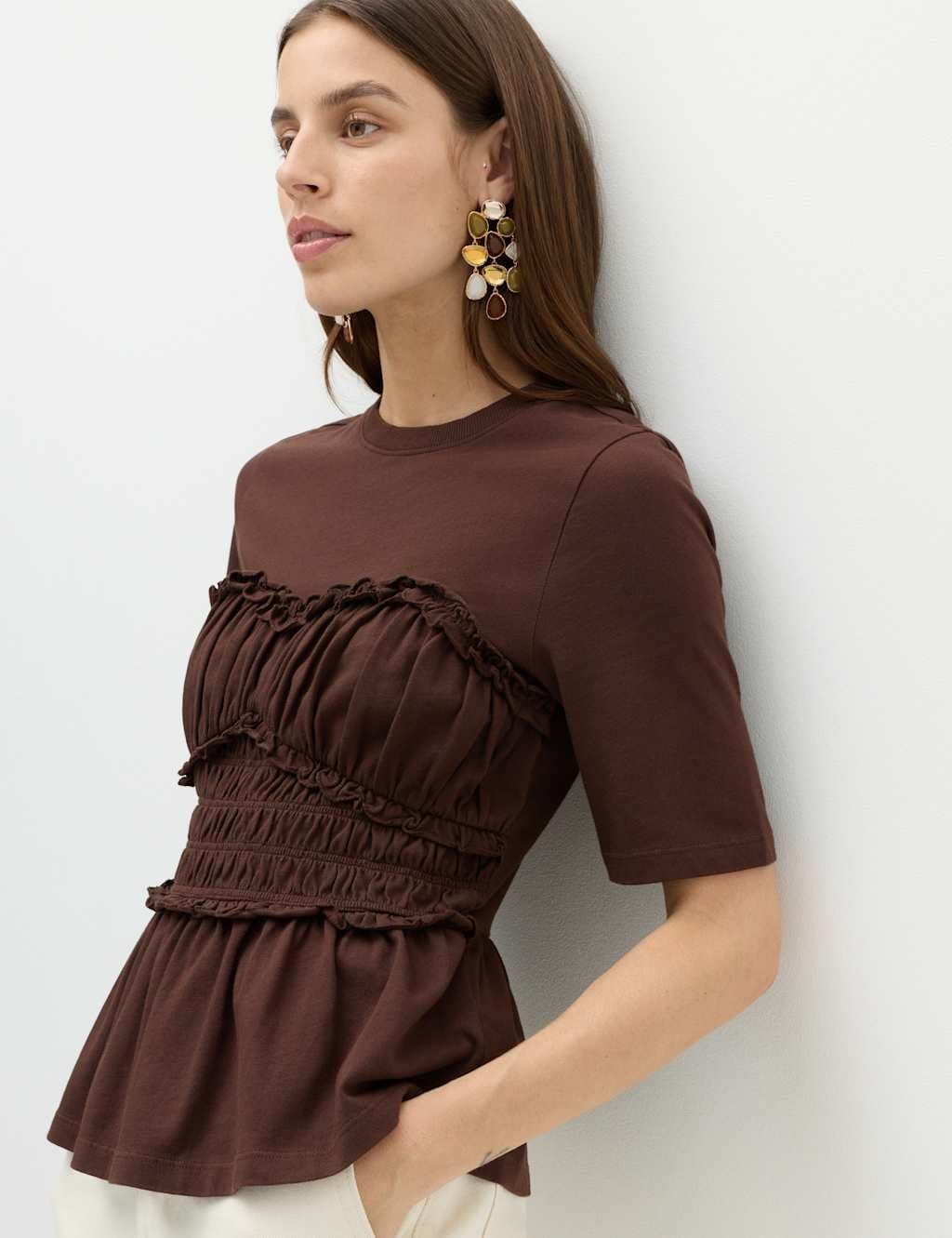 Marks & Spencer M&S Pure Cotton Ruffle Top Dark Chocolate