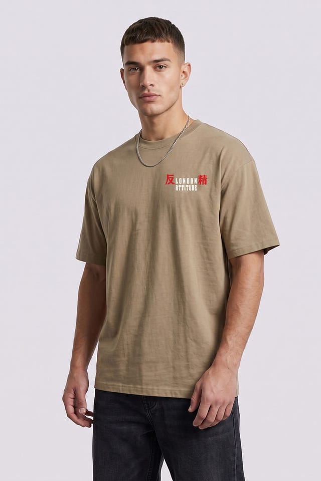 LONDON ATTITUDE LONDON ATTITUDE Men's Tokyo After Dark Dragon Oversized Heavyweight Graphic T-Shirt in Light Sand - 2