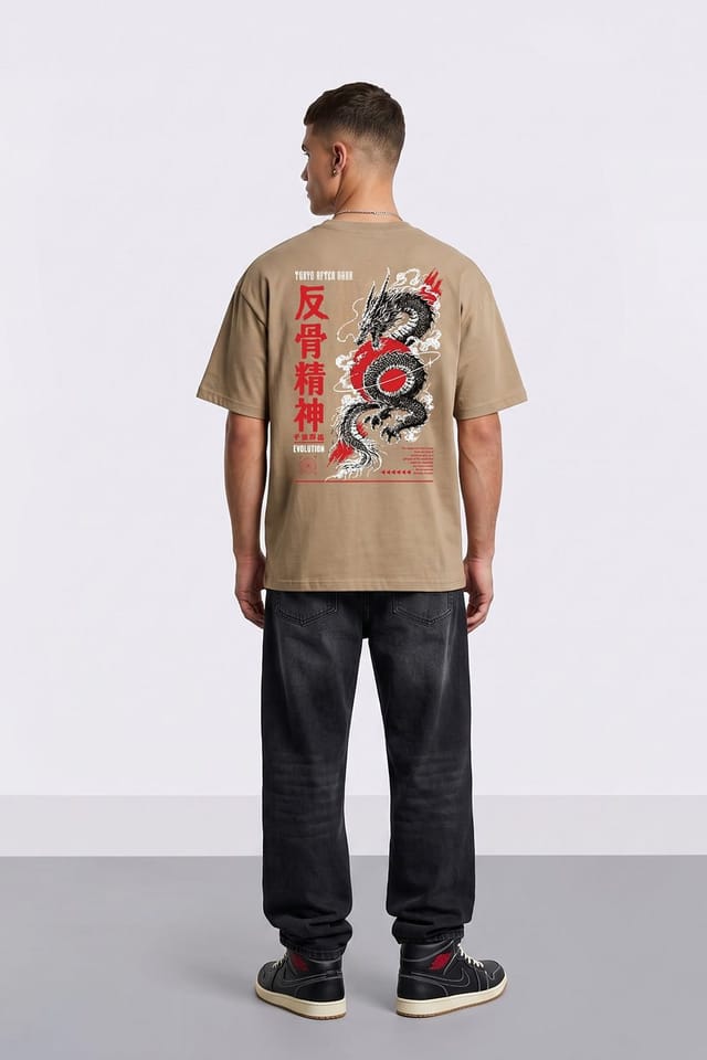 LONDON ATTITUDE LONDON ATTITUDE Men's Tokyo After Dark Dragon Oversized Heavyweight Graphic T-Shirt in Light Sand - 3