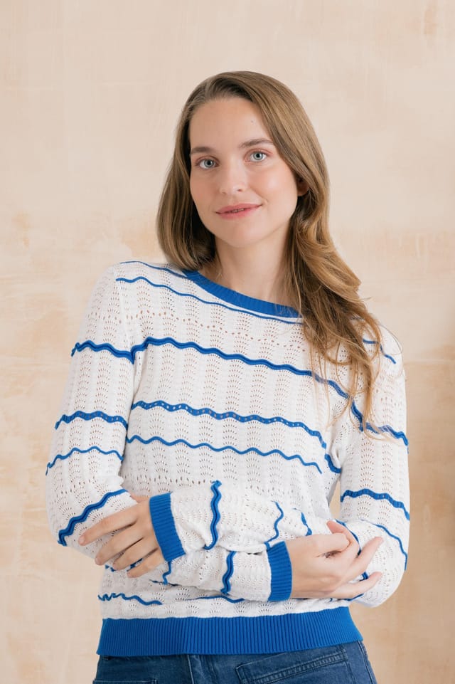 Lily & Me Lily & Me Women's Sophie Pointelle Cotton Stripe Jumper in White - 3
