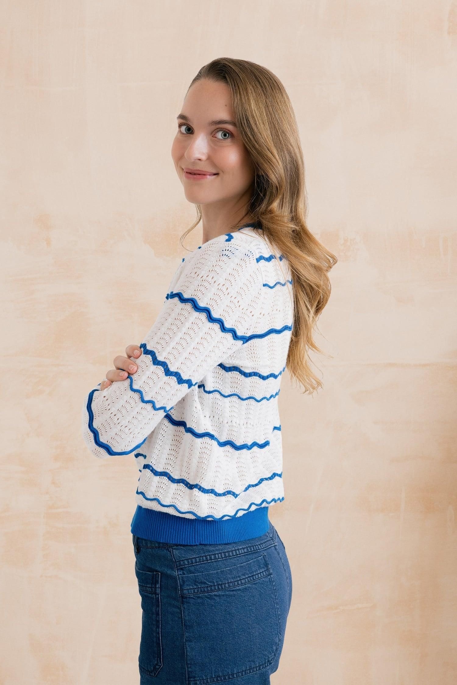 Lily & Me Lily & Me Women's Sophie Pointelle Cotton Stripe Jumper in White - 4