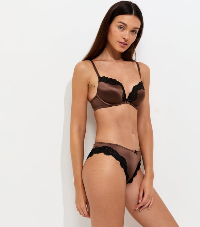 New Look Women's Dark Brown Satin & Lace Brazilian Briefs New Look - 3