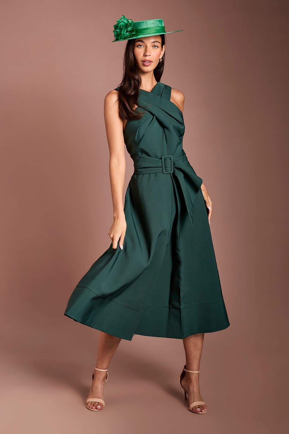 Coast Coast Women's Lisa Tan Cross Neck Belted Crepe Midi Dress in Forest