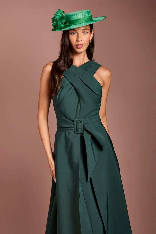 Coast Coast Women's Lisa Tan Cross Neck Belted Crepe Midi Dress in Forest - 2