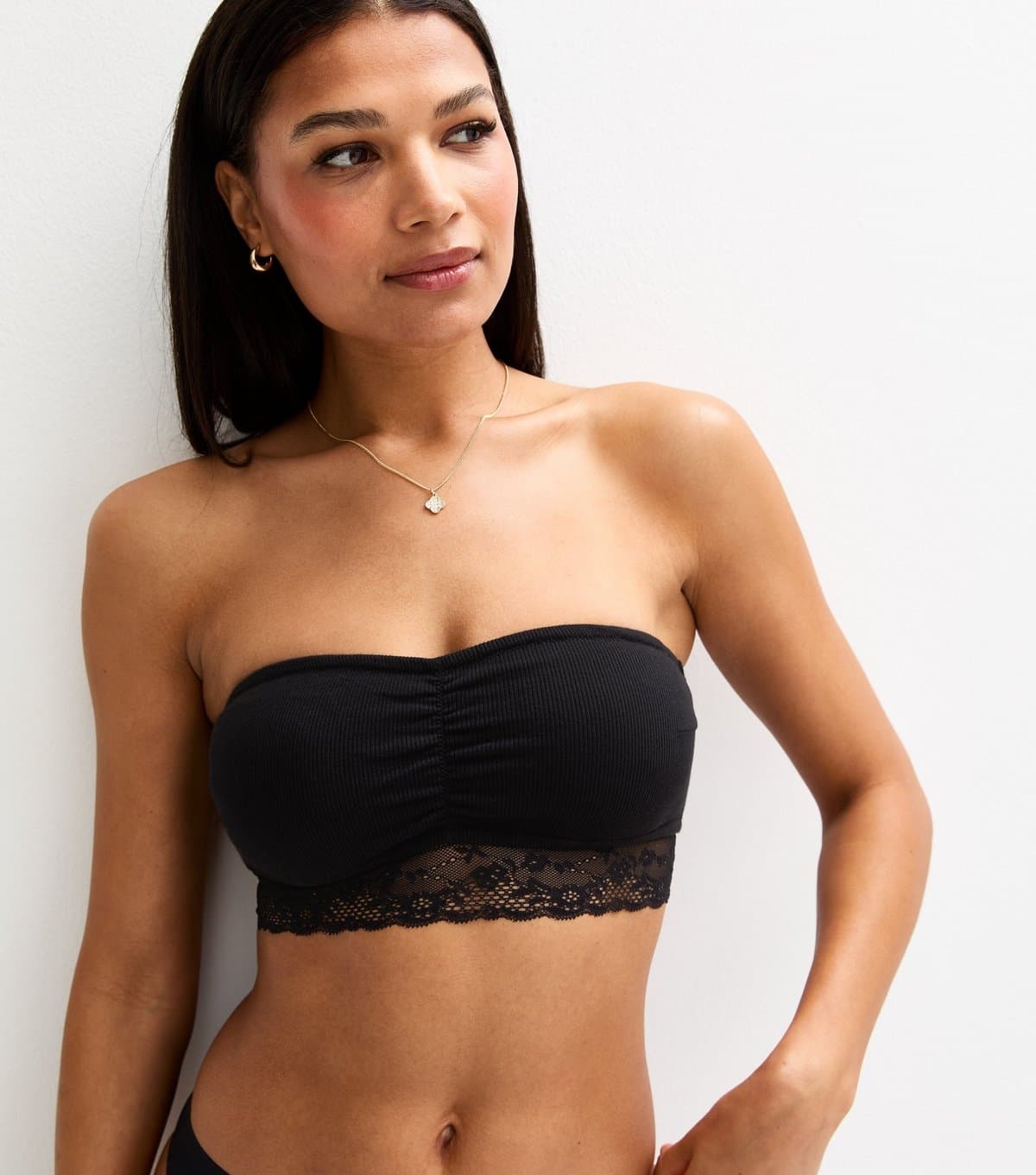 New Look Women's Black Ribbed Jersey Lace Trim Bandeau New Look