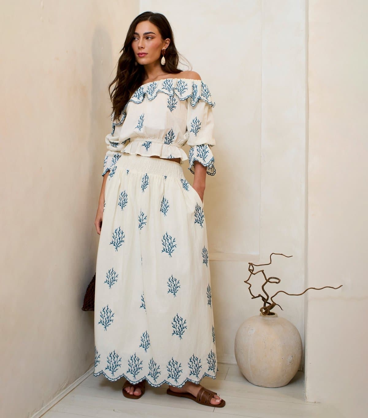 Gini London Women's White Cotton Embroidered Maxi Skirt Gini London New Look