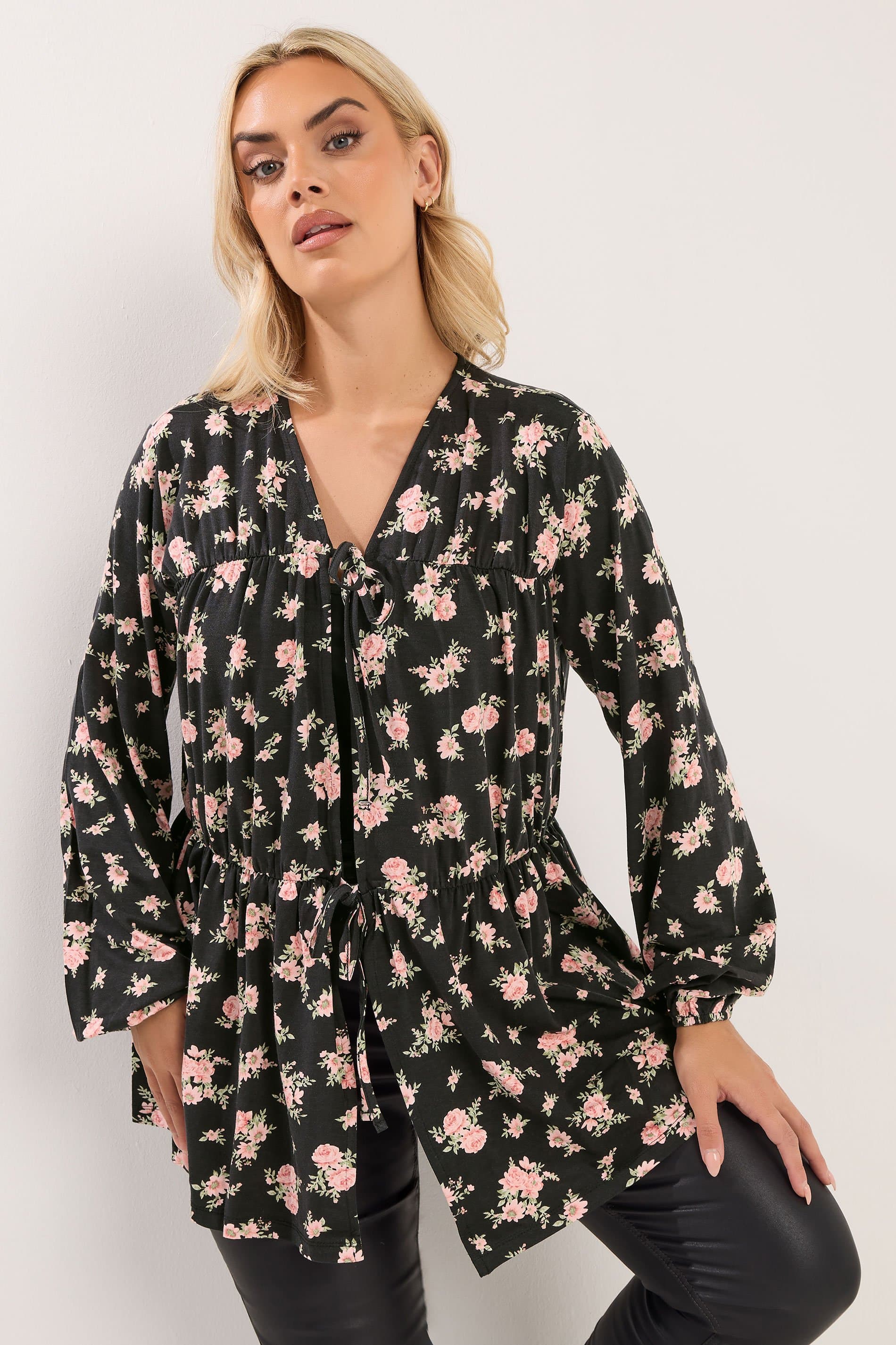 Yours Plus Size Black Floral Print Gathered Bow Tie Front Top