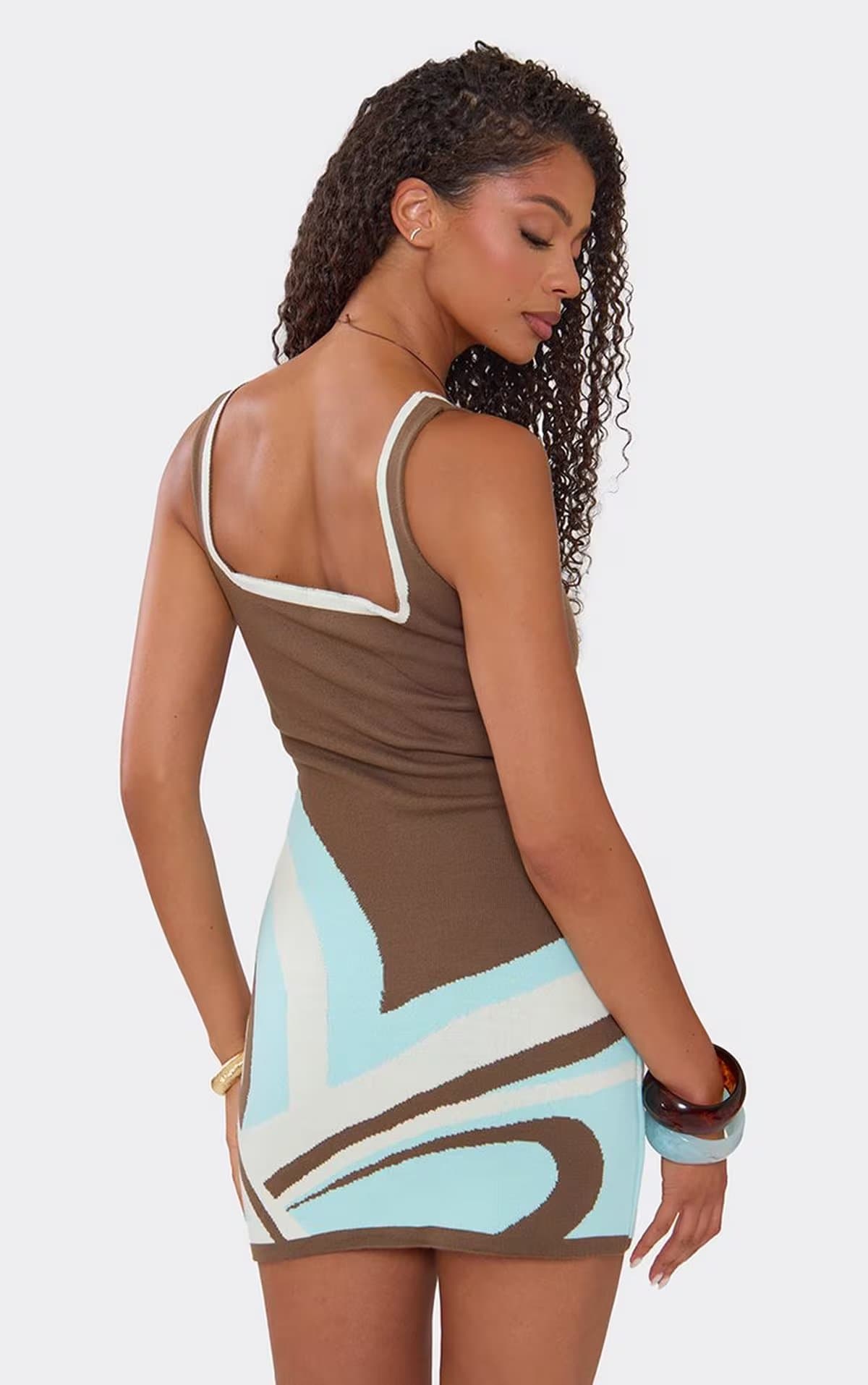 EGO Square Neck Mini Dress In Brown Swirl Print Knit, Women's Size UK S