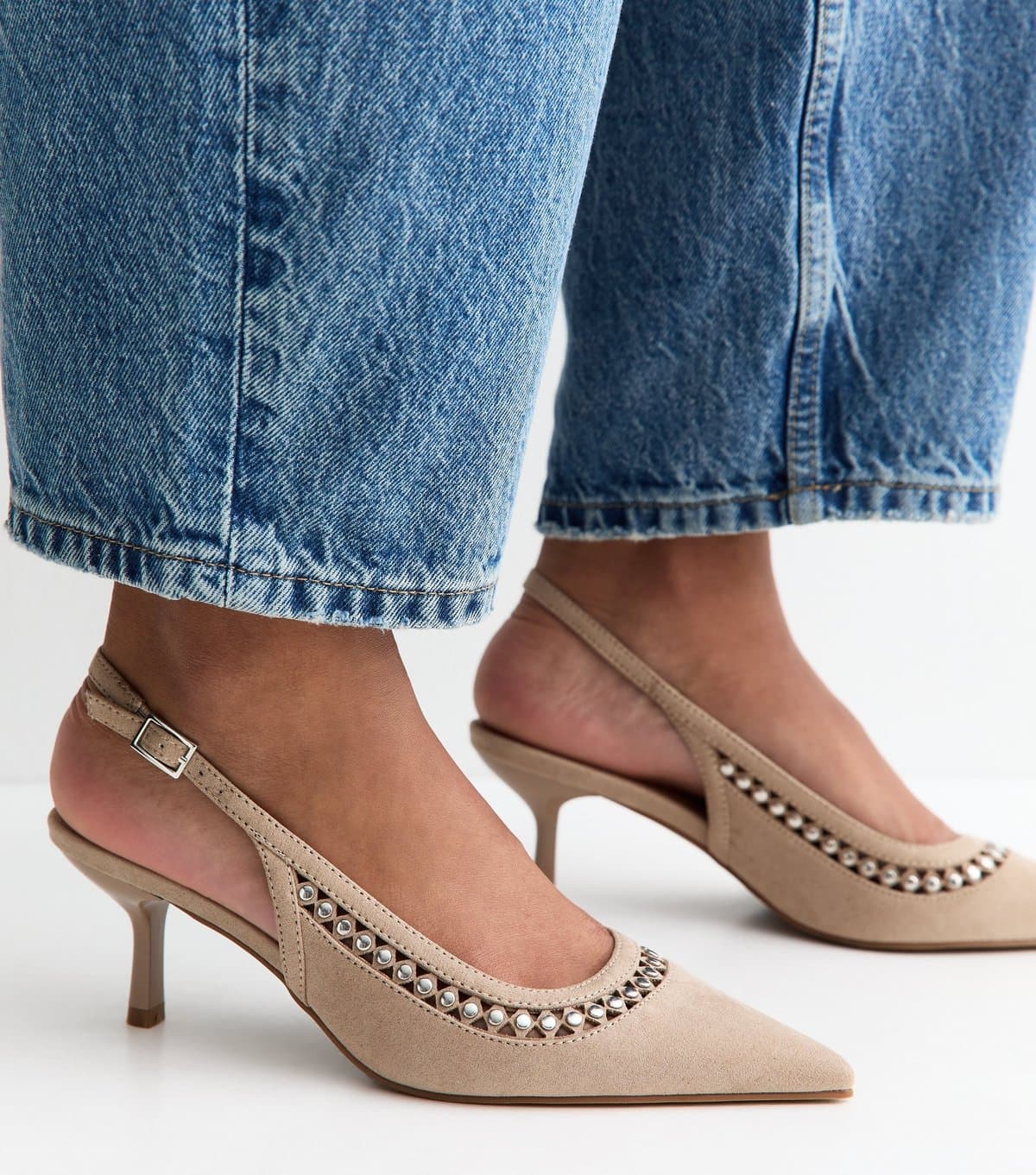 New Look Women's Light Brown Faux Suede Studded Slingback Court Shoes Vegan New Look