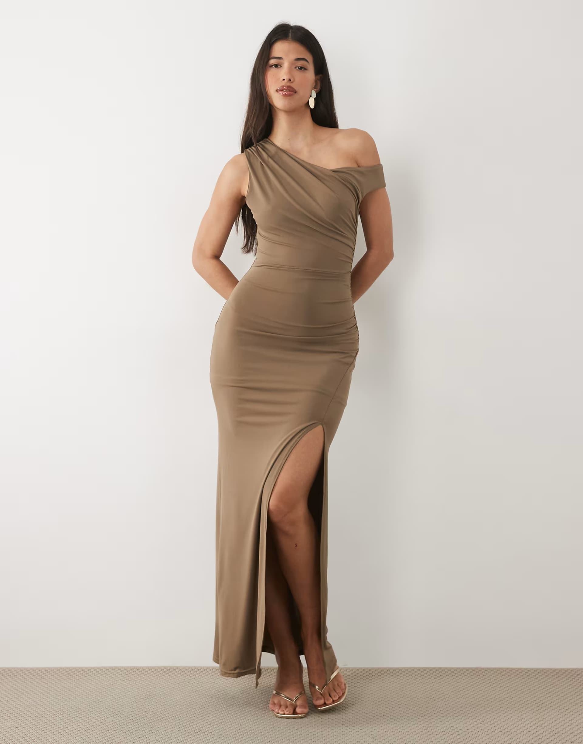 ASOS TFNC slinky fallen shoulder thigh split midaxi dress in mocha