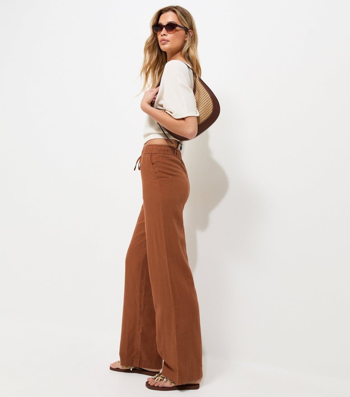 New Look Women's Tall Rust Linen Rich Wide Leg Trousers New Look