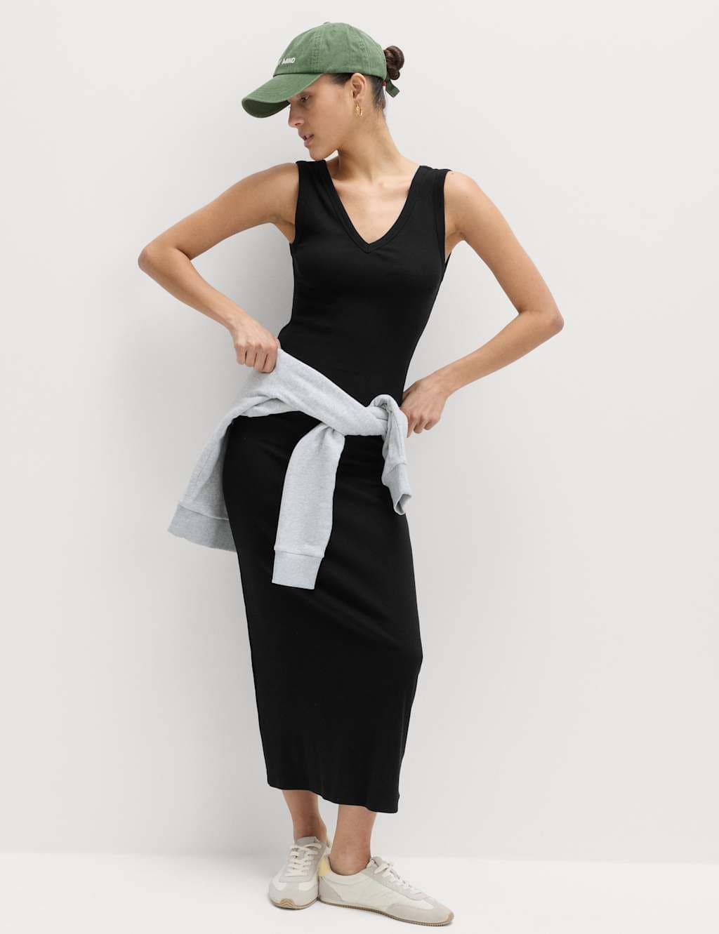 Marks & Spencer M&S Cotton Rich V-Neck Midi Column Dress Black