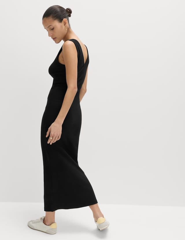 Marks & Spencer M&S Cotton Rich V-Neck Midi Column Dress Black - 3