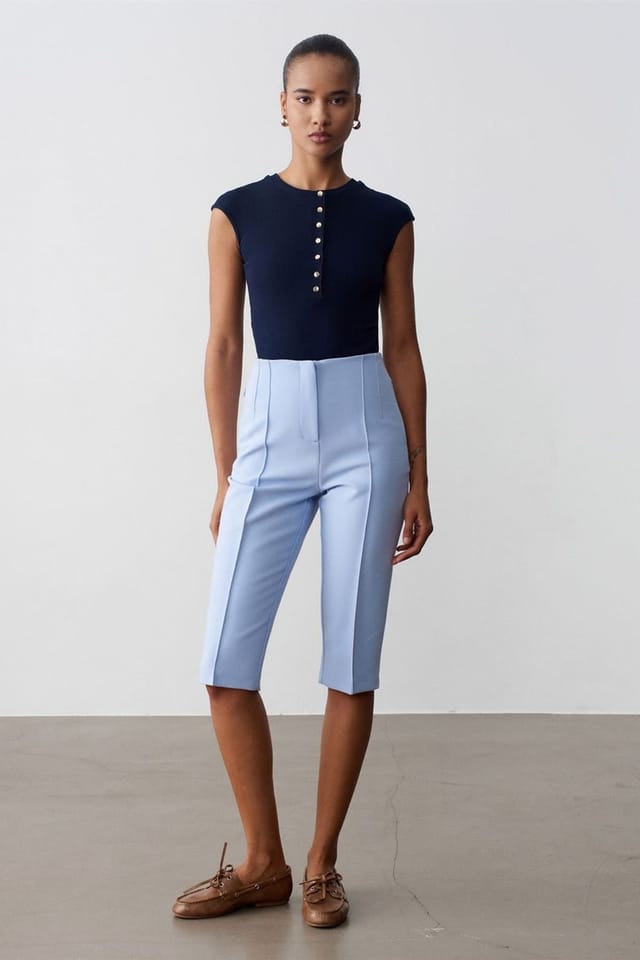 Dilvin Dilvin Women's High-waist Straight Capri Shorts With Slit in Baby Blue - 2