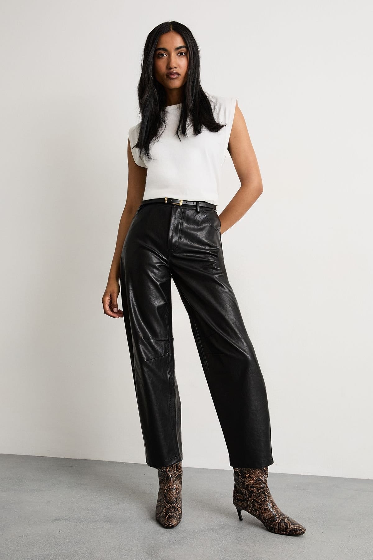 Warehouse Women's Black Faux Leather Barrel Leg Trousers