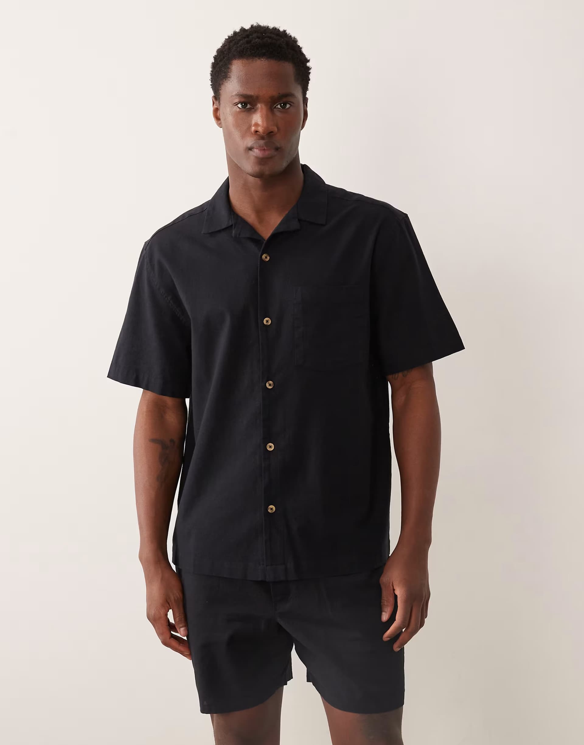 ASOS ASOS DESIGN co-ord relaxed revere shirt with linen in black