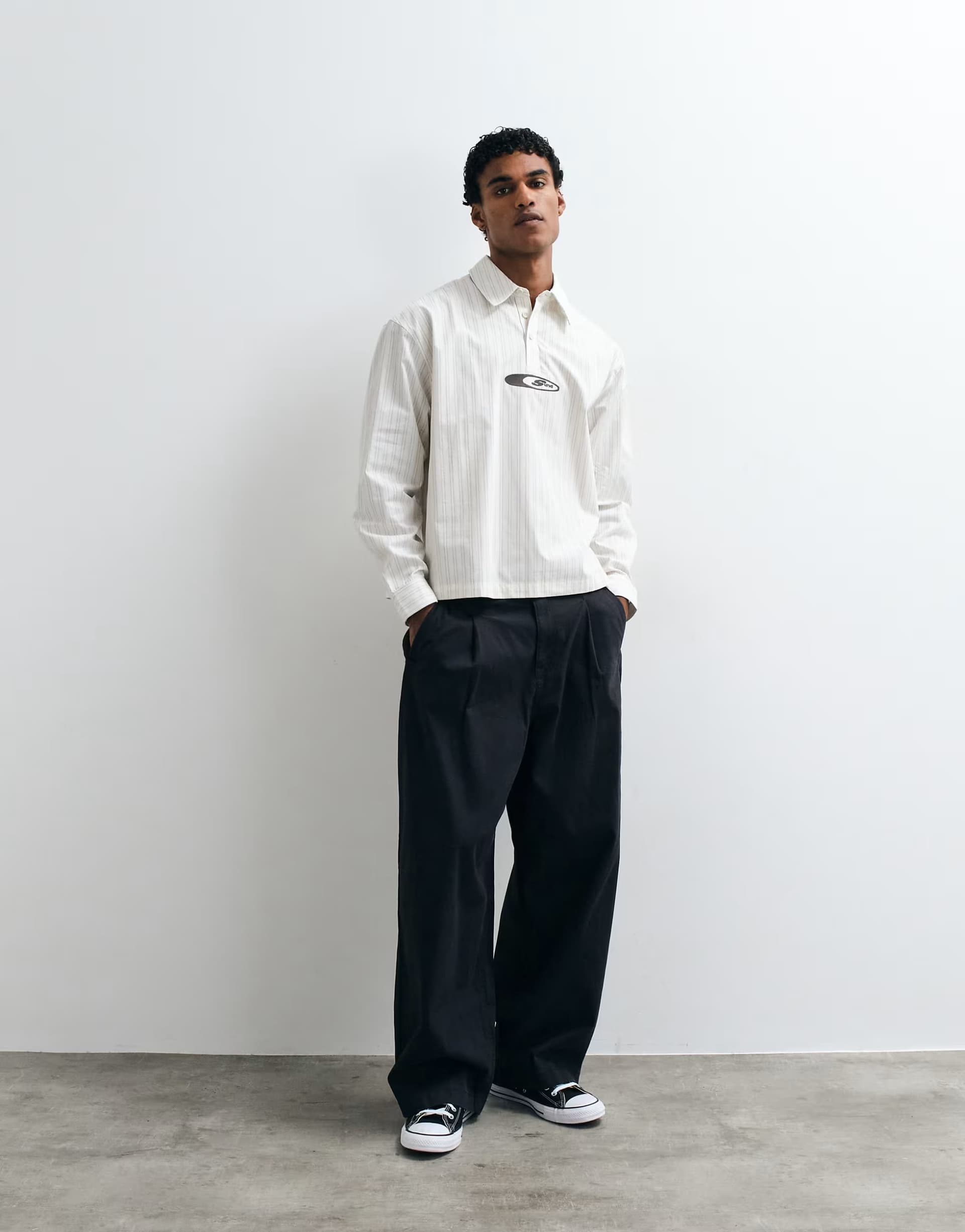 ASOS ASOS DESIGN boxy oversized poplin stripe polo shirt with embroidery in beige