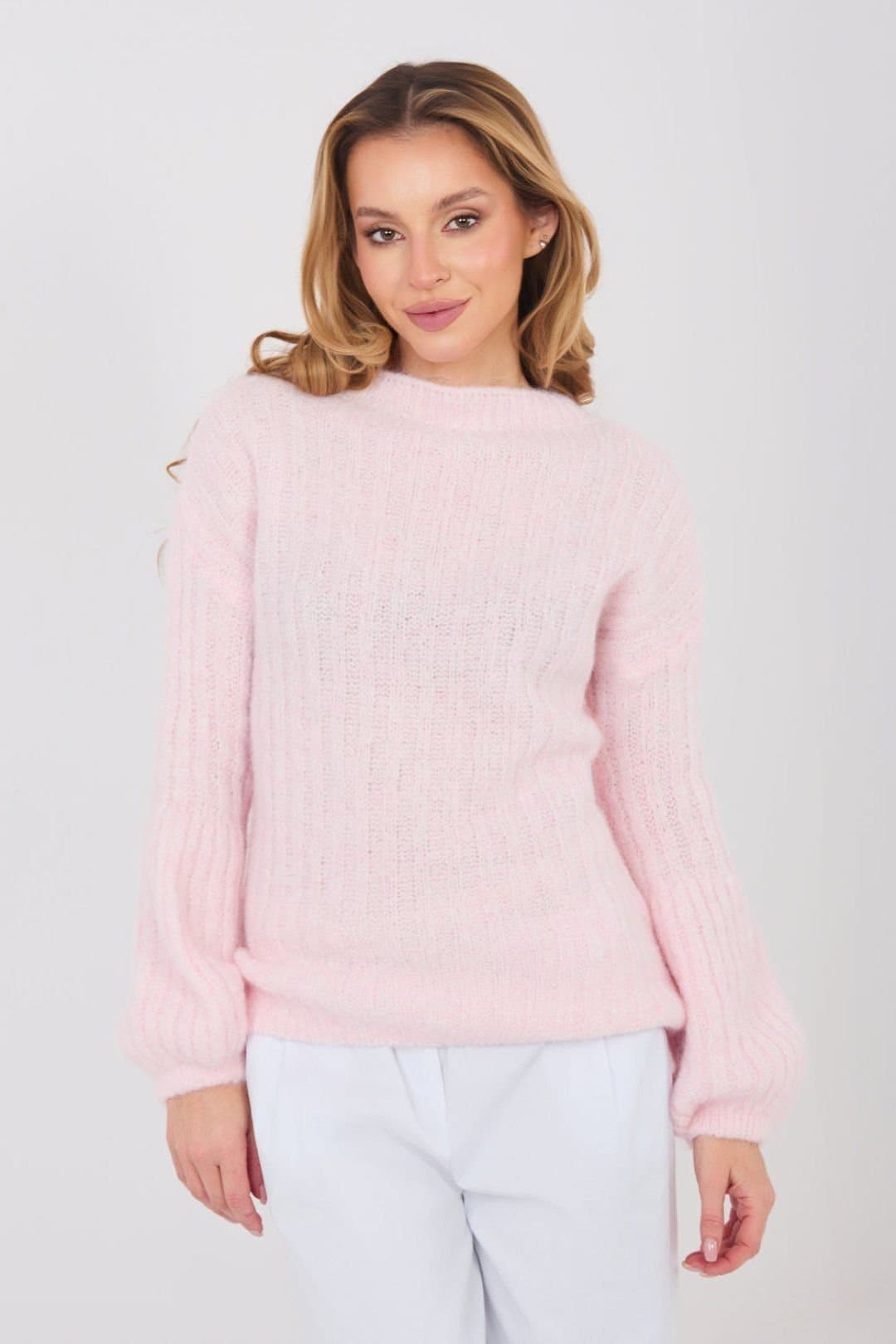 Love Lace Love Lace Women's Elegant Ribbed Knit Sweater with Puffy Sleeves in Pink
