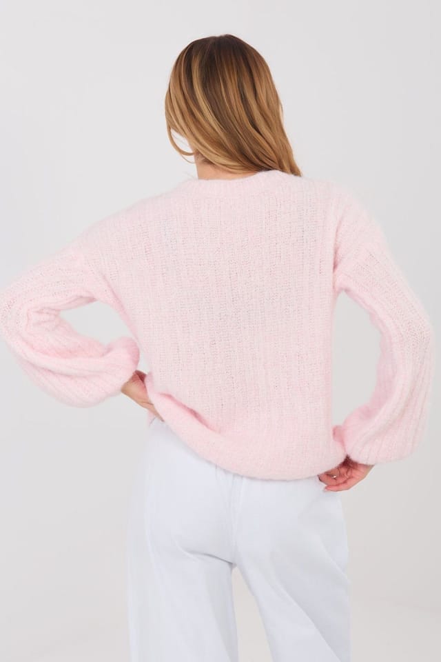 Love Lace Love Lace Women's Elegant Ribbed Knit Sweater with Puffy Sleeves in Pink - 3