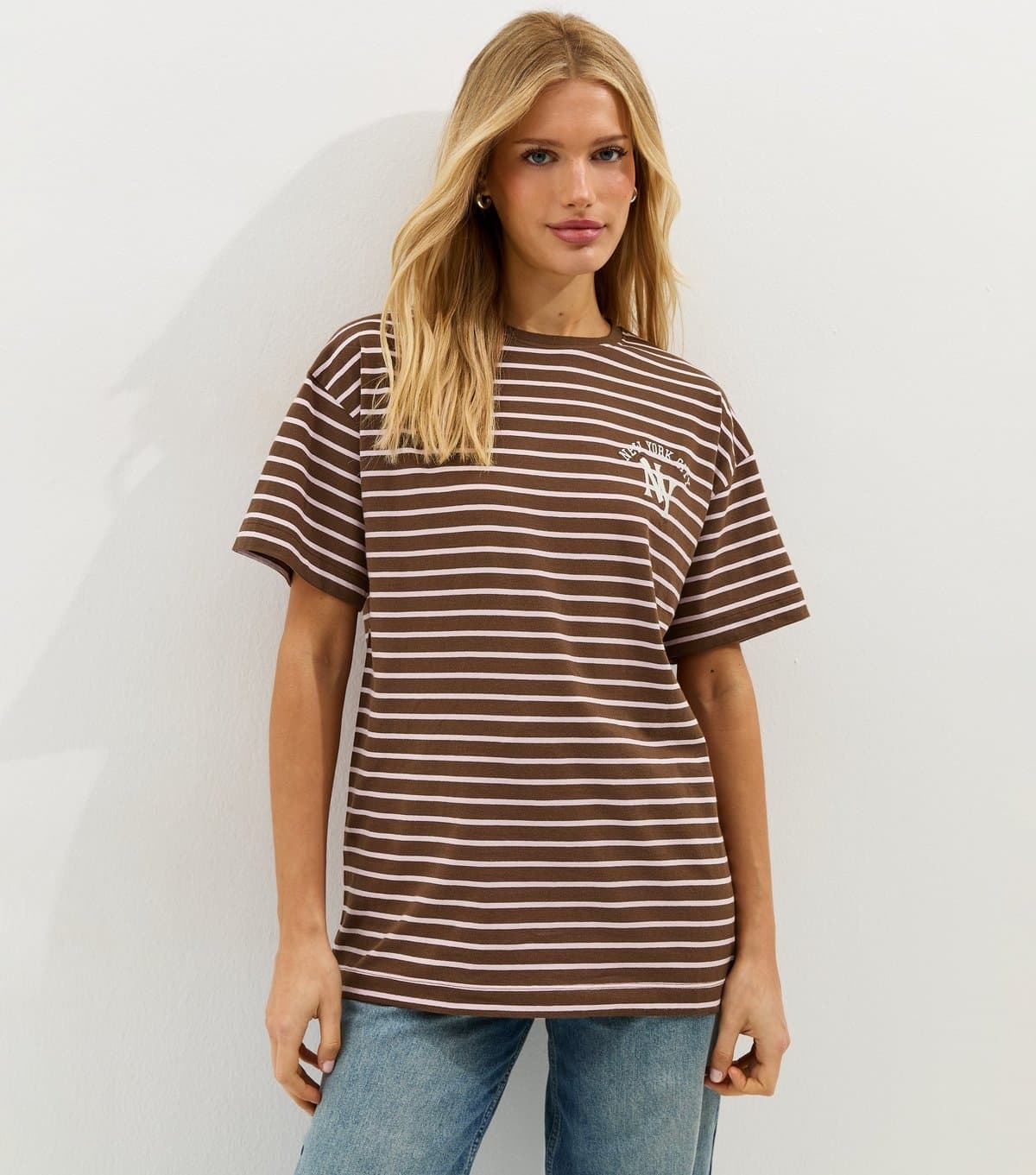New Look Women's Brown Striped Cotton New York City Logo T-Shirt New Look