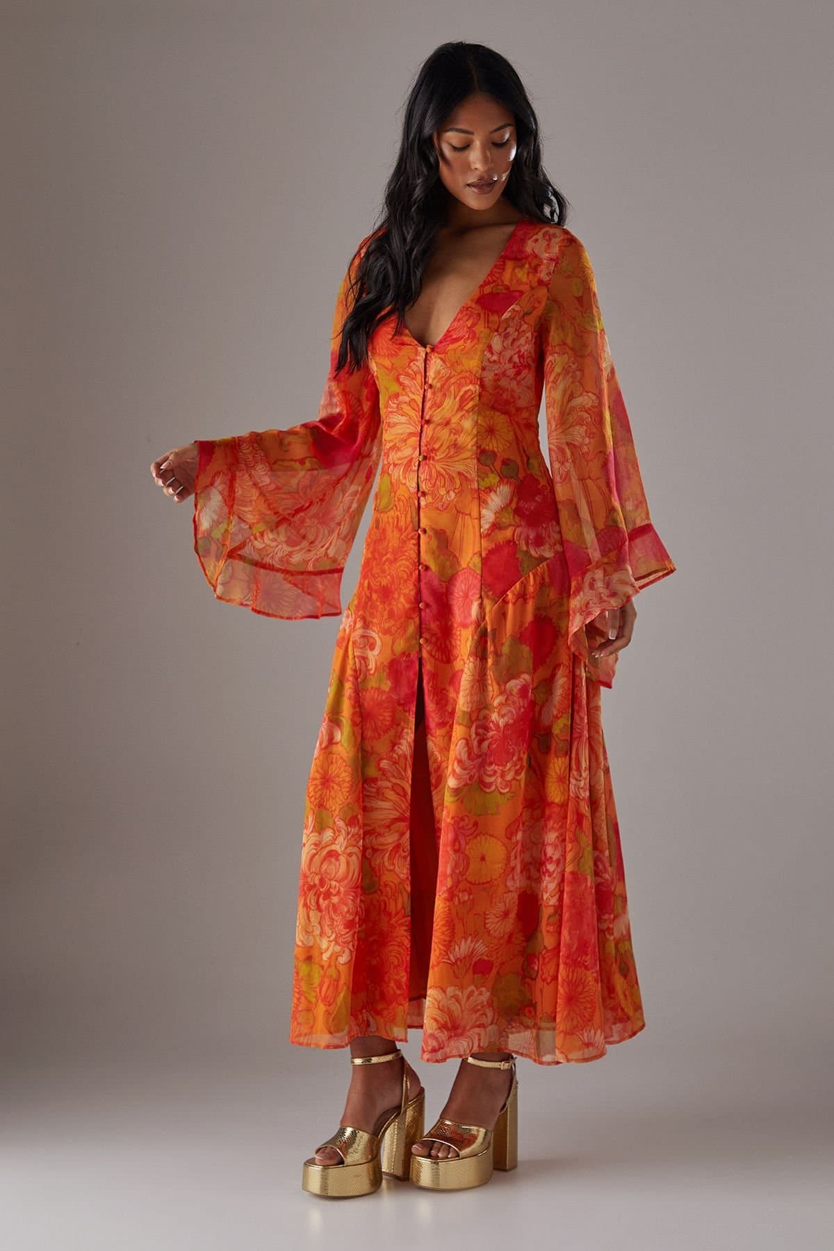 Warehouse Warehouse Women's Chiffon Bohemian Button Through Maxi Dress in Orange