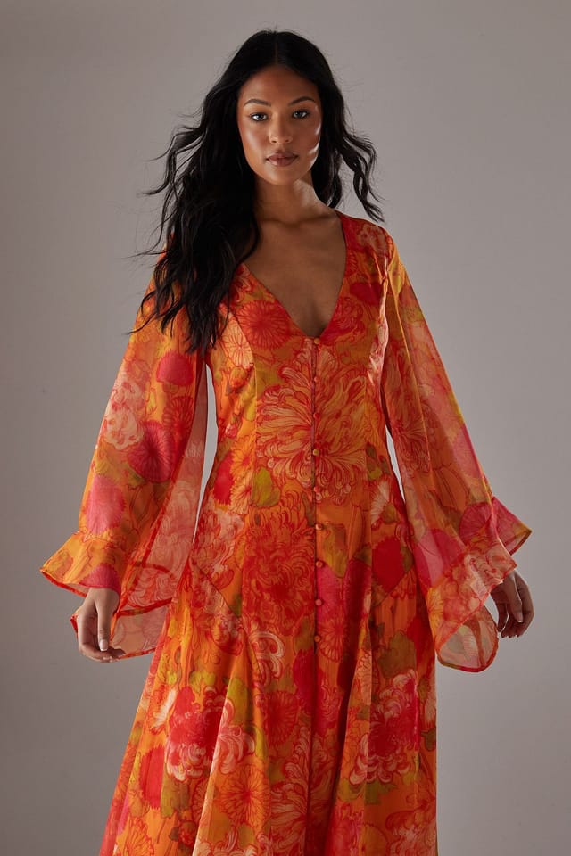 Warehouse Warehouse Women's Chiffon Bohemian Button Through Maxi Dress in Orange - 2