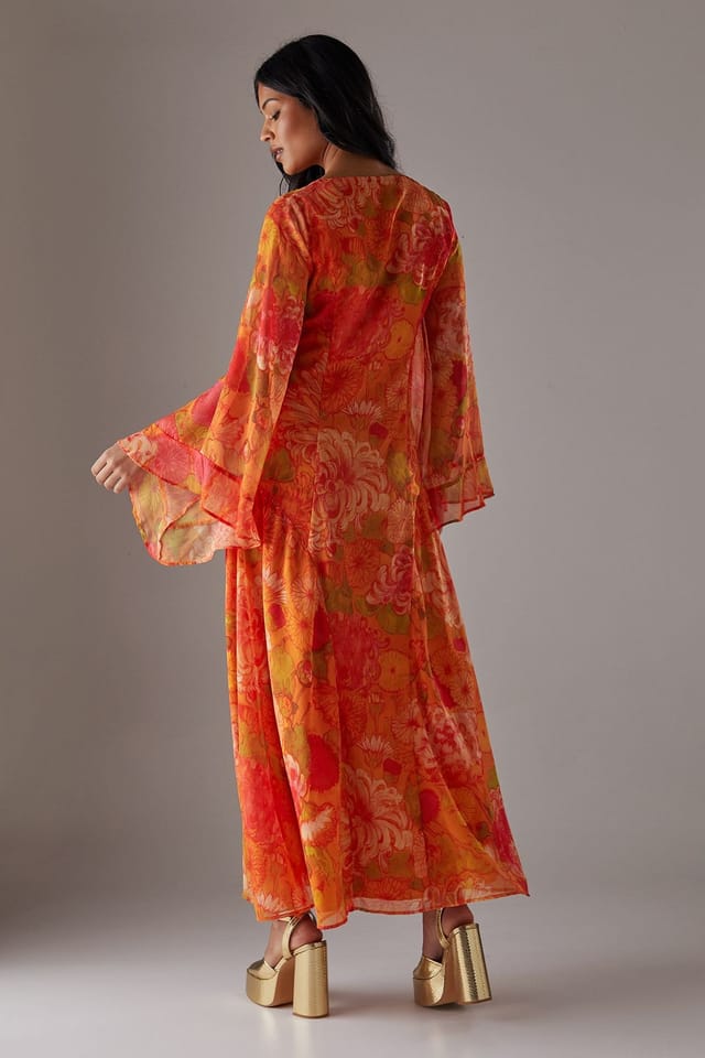 Warehouse Warehouse Women's Chiffon Bohemian Button Through Maxi Dress in Orange - 3