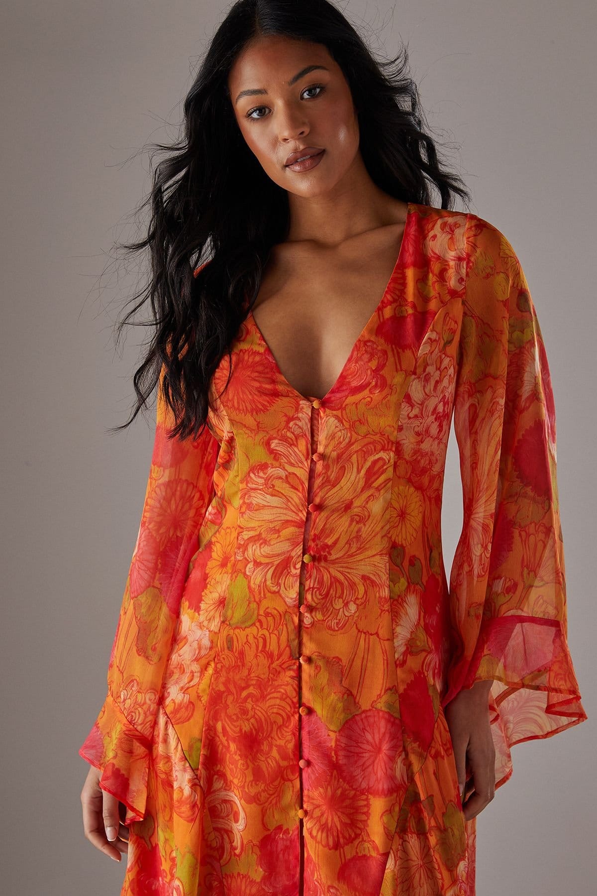 Warehouse Warehouse Women's Chiffon Bohemian Button Through Maxi Dress in Orange - 4