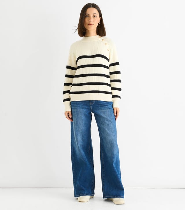 Gini London Women's Cream Striped Button Detail Jumper Gini London New Look - 2