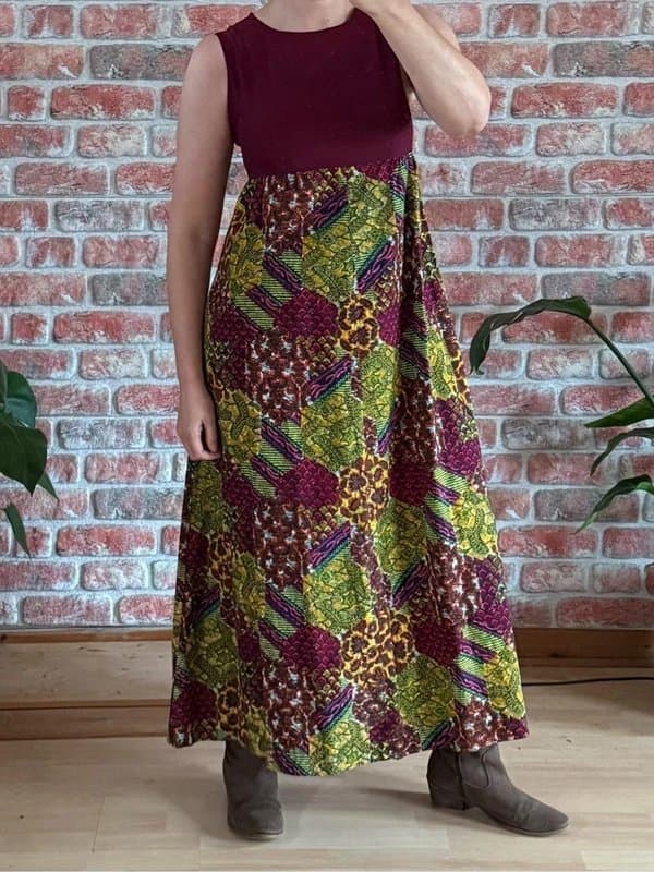 Vintage 70s Boho Burgundy and Green Maxi Dress