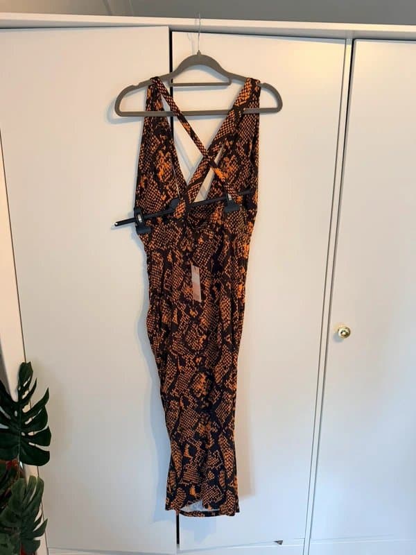 Missguided Snake Print Slinky Cross Back Midi Dress UK 14