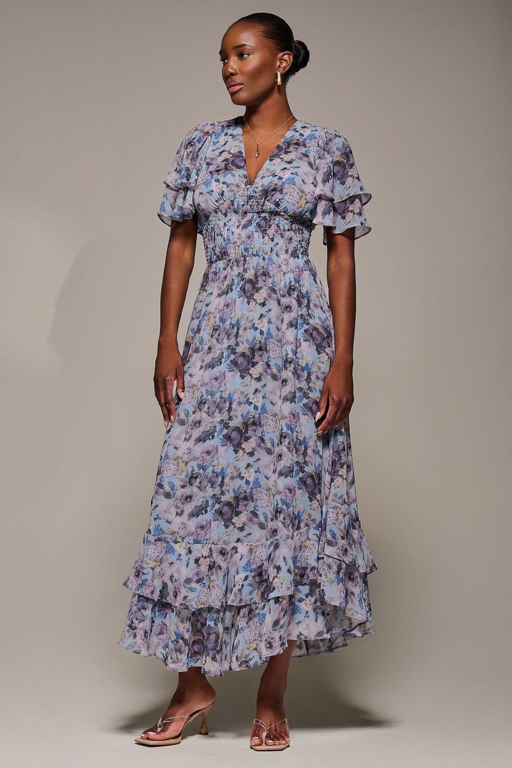 Jolie Moi Jolie Moi Women's Chiffon Layered Sleeve Ruffle Hem Midaxi in Blue