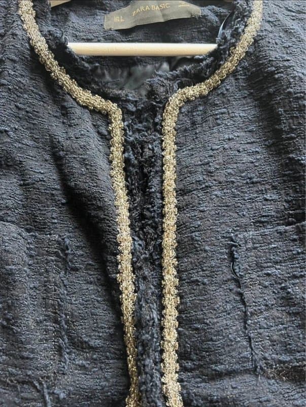 Zara Basic 💙ZARA Navy Bouclé Cropped Jacket Bouclé Trim Tweed Blazer Frayed Edge UK L💙