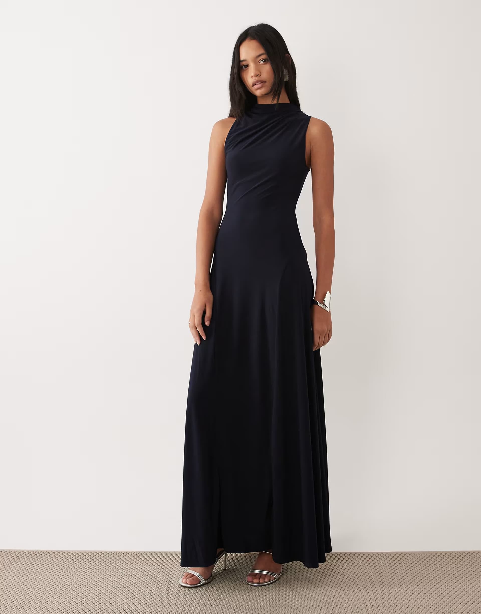 ASOS ASOS DESIGN ruched back channelled high neck maxi dress in navy