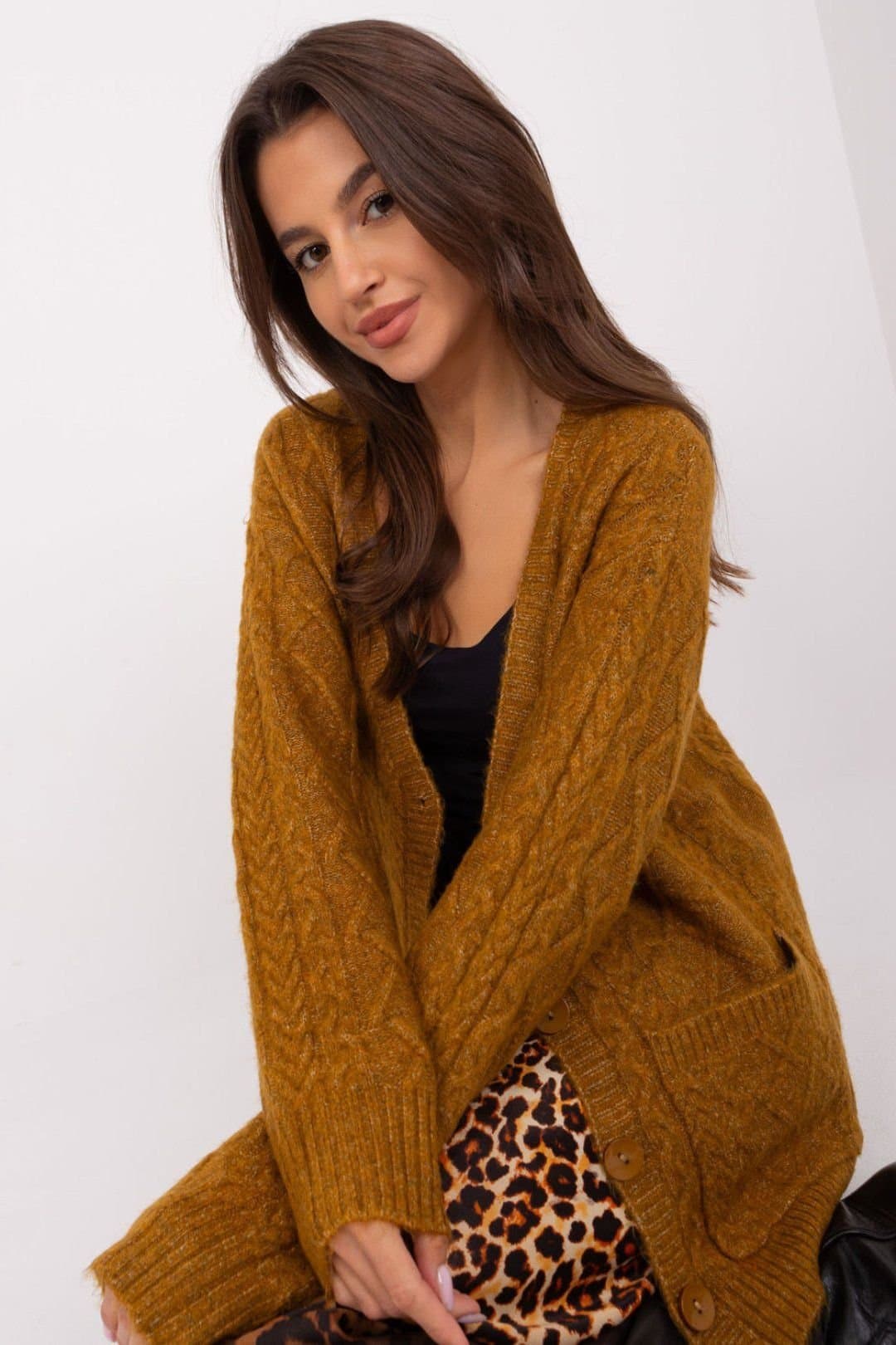 Love Lace Love Lace Women's Variegated Texture V Neck Button Cardigan Style 186749 in Mustard