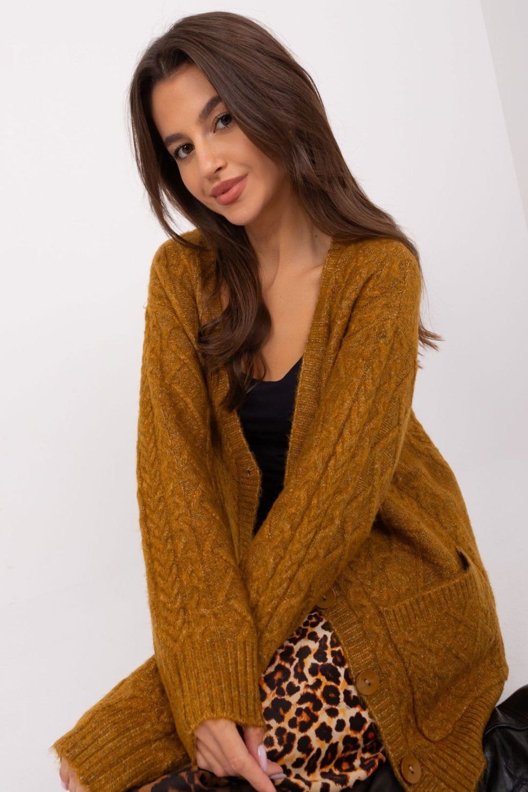 Love Lace Mustard Variegated Texture V-Neck Button Cardigan