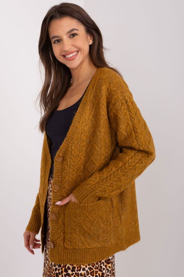 Love Lace Love Lace Women's Variegated Texture V Neck Button Cardigan Style 186749 in Mustard - 2