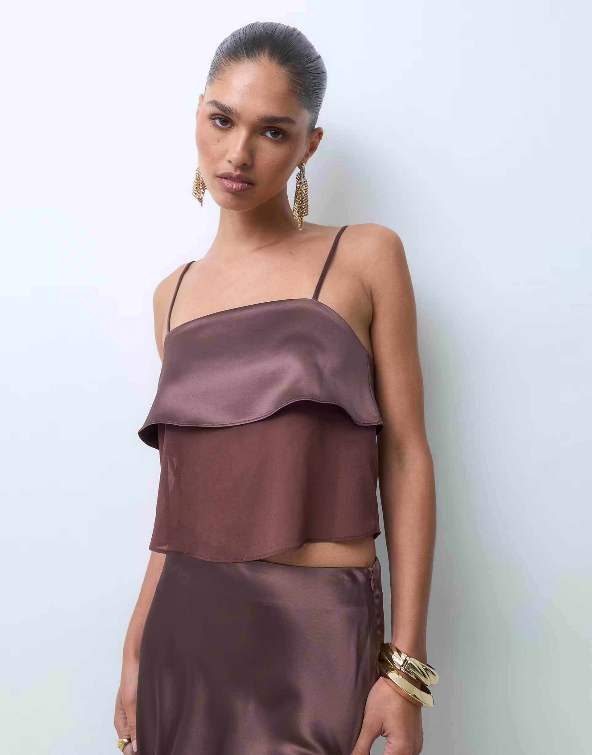 ASOS The Frolic exclusive ruffle satin chiffon cami top co-ord in chocolate