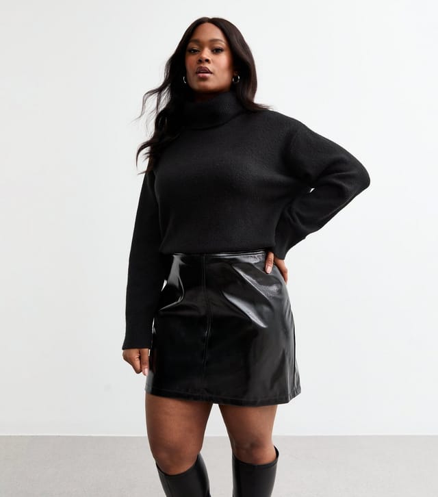 New Look Women's Plus Size Black Vinyl Faux Leather A-Line Mini Skirt Curves New Look - 3
