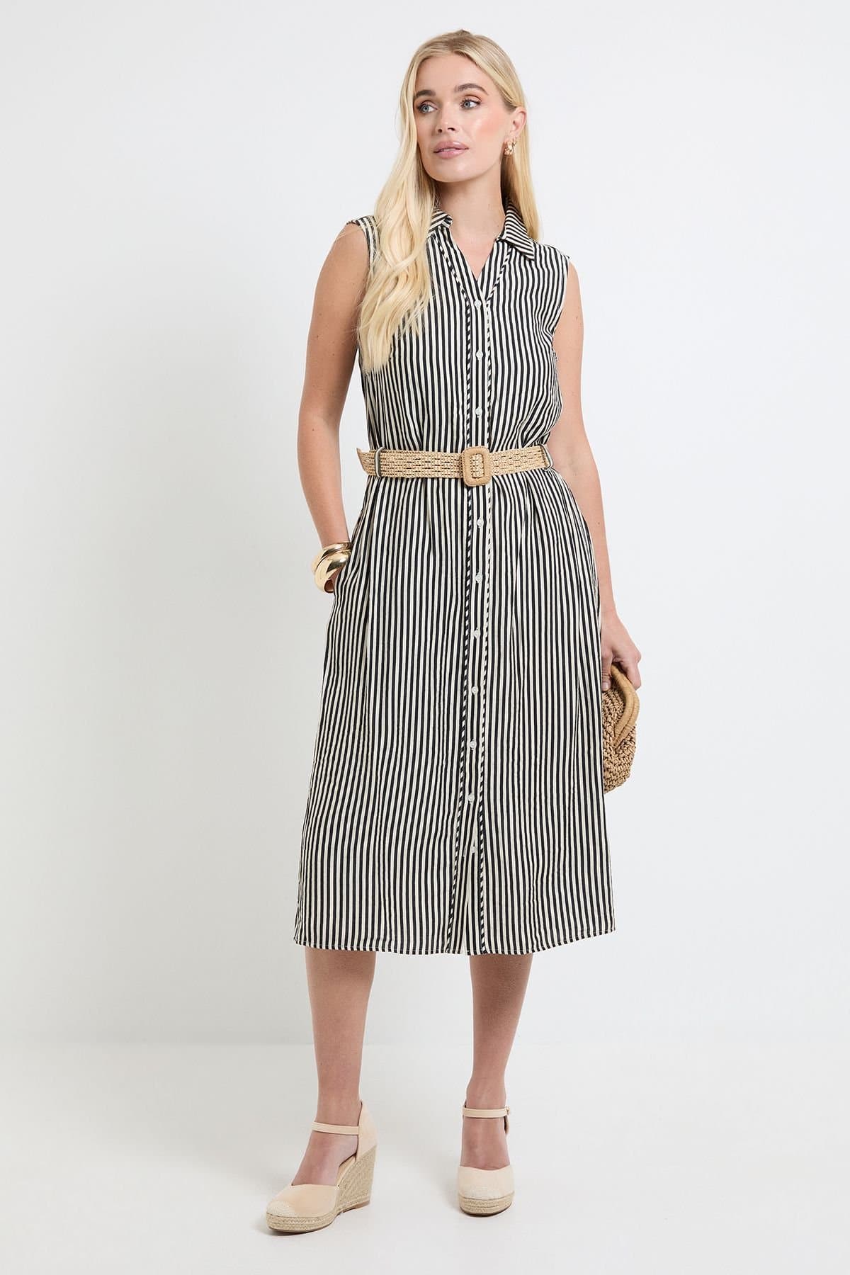 Wallis Wallis Women's Petite Summer Stripe Belted Shirt Dress in Black
