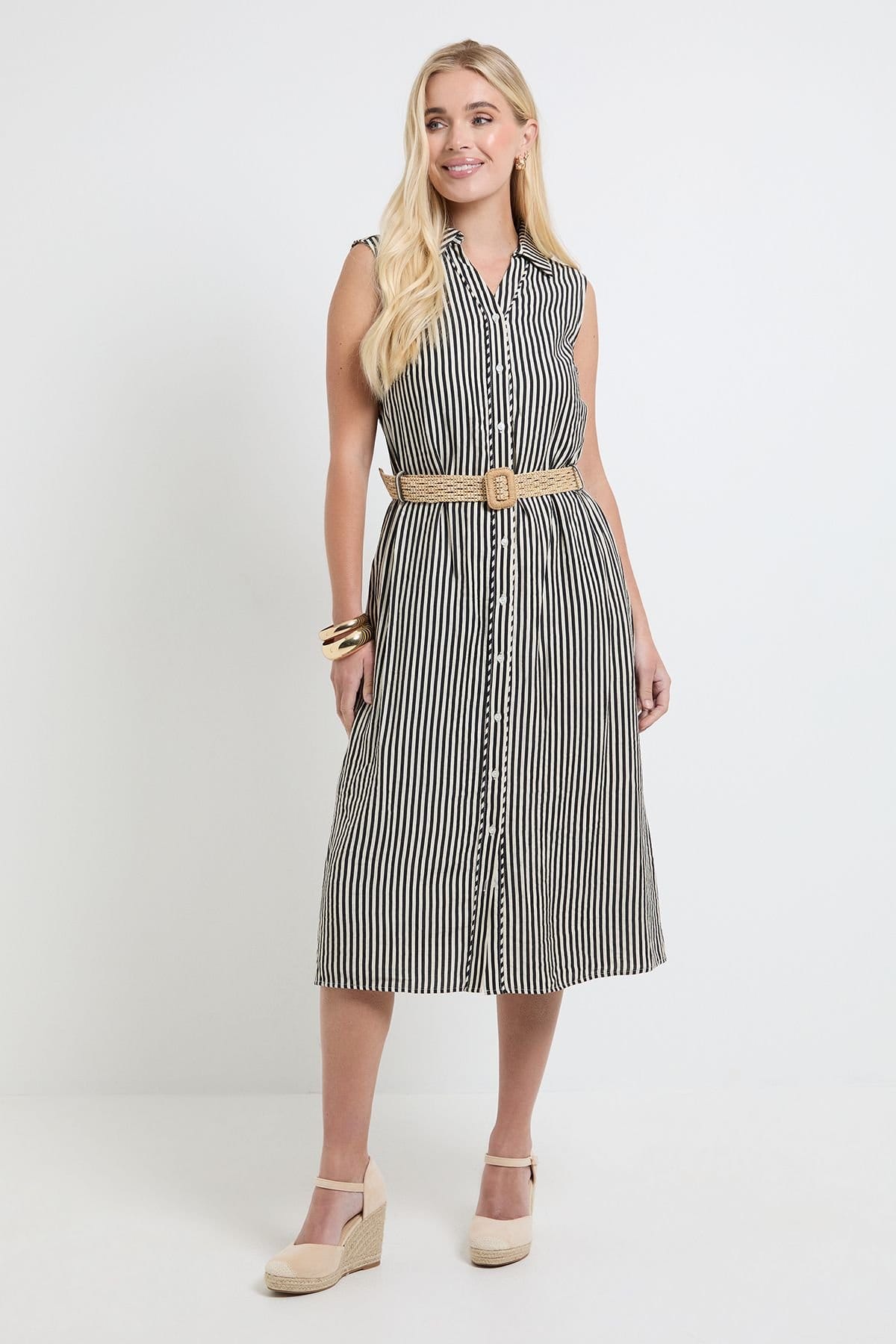 Wallis Wallis Women's Petite Summer Stripe Belted Shirt Dress in Black - 4